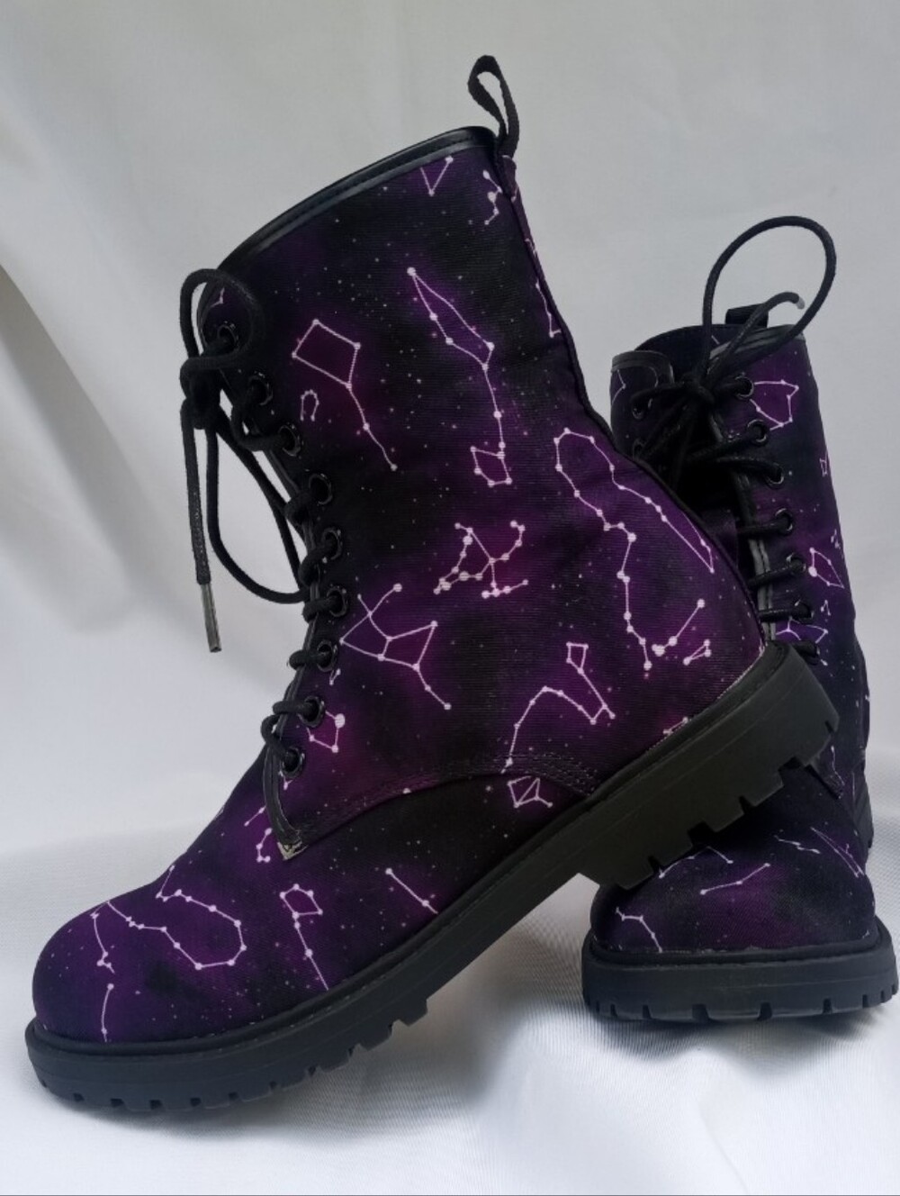 Purple Galaxy Star Constellation Lace Up High Top Canvas Dr. Marten Combat Boots - Picture 2 of 10